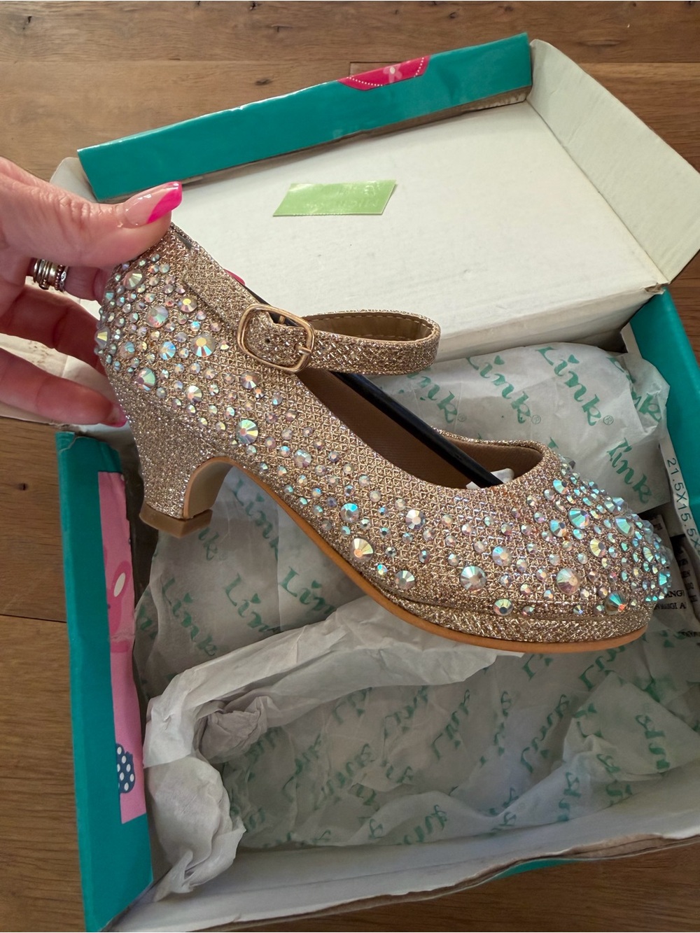 Link Gold Glitter Mary Jane Heels with Iridescent Rhinestones